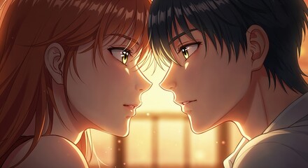 Eternal Gaze: Amidst a golden sunset, a loving couple gazes into each other's eyes, sharing a moment of intimacy and deep connection.