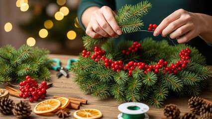 Create a stunning Christmas wreath with cranberries and pine branches for a festive winter season, perfect for holiday crafts and seasonal decorations at home