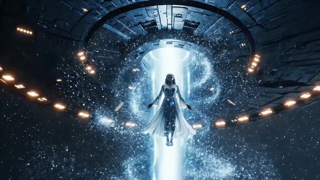 Woman levitating in a glowing blue tractor beam inside a spaceship
