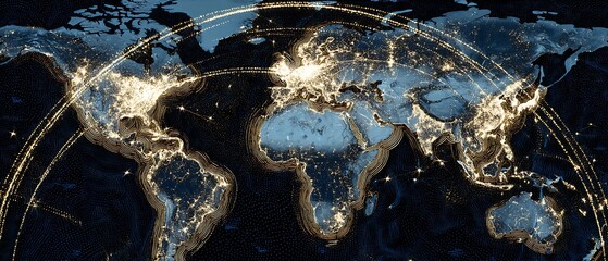 Fototapeta premium global corporate power map, highlighted economic hubs, light rings around major cities
