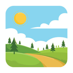 Obraz premium Vector a cartoon landscape with a path winding through green hills under a bright sunny sky above