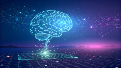 Futuristic brain glowing with digital connections, symbolizing artificial intelligence, machine learning, and the boundless potential of technology in the modern era