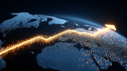 global economy growth arrow rising over world map, corporate luxury style, blue gold gradient, clean lines, glowing data grid, minimal futuristic finance aesthetic