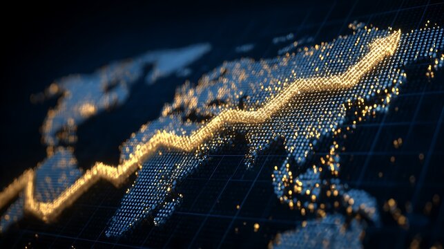 global economy growth arrow rising over world map, corporate luxury style, blue gold gradient, clean lines, glowing data grid, minimal futuristic finance aesthetic - Powered by Adobe
