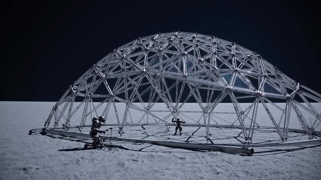 Astronauts in spacesuits are carefully constructing a futuristic geodesic dome habitat on the barren, dusty surface of a moon, symbolizing future space colonization and exploration efforts