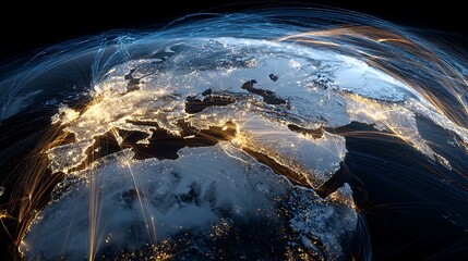 international trade routes glowing paths over earth, shipping air freight connections, elegant global trade visualization