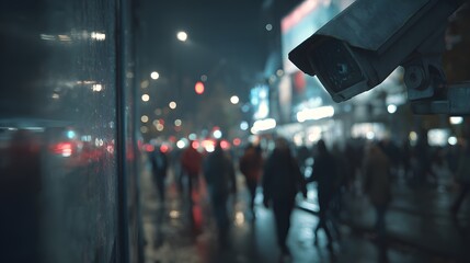 Security camera overlooking a blurred city street with pedestrians at night time in an urban setting