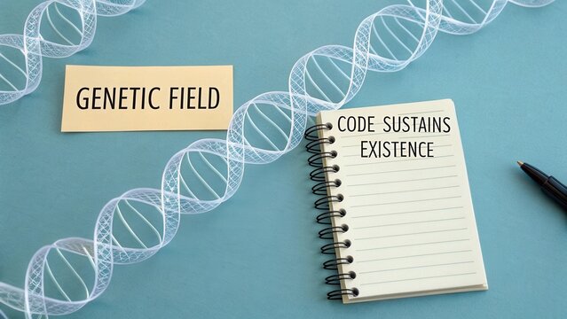 Concept of Genetic Field with DNA Helix, Notepad, and Pen Illustrating Code Sustaining Existence in Science and Research