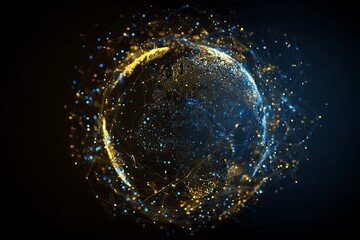 global digital transactions network around glowing planet, fintech flow lines, security icons