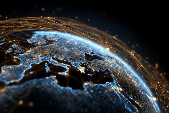 global digital transactions network around glowing planet, fintech flow lines, security icons