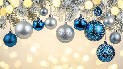 Elegant blue and silver Christmas baubles hanging on a frosted pine branch with golden bokeh lights