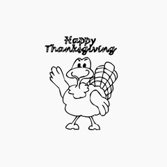 Black and white line art illustration of a friendly, waving cartoon turkey with the text "Happy Thanksgiving" above it.