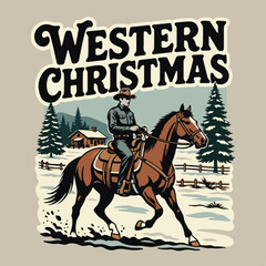 Vintage logo badge of cowboy riding horse pine tree forest landscape winter christmas concept. Old retro editable vector illustration for tshirt design