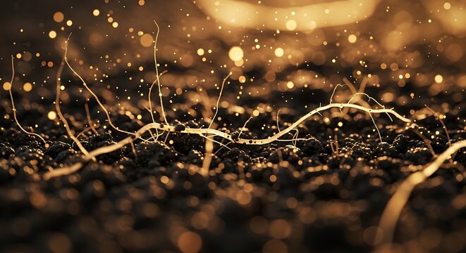 Ethereal golden energy network connecting through rich dark earth