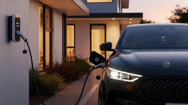 Electric car charging at home with wallbox charger during sunset for sustainable transportation