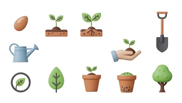 A charming 3D icon set illustrating the complete life cycle of a plant, from a tiny seed to a full-grown tree, with essential gardening tools