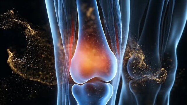 Medical illustration of human knee joint pain and inflammation