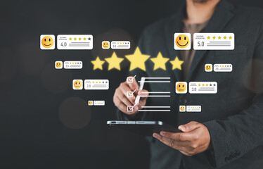 Man using a smartphone to rate an online service with five stars, representing digital reviews, customer feedback, and satisfaction systems for e-commerce and business platforms.