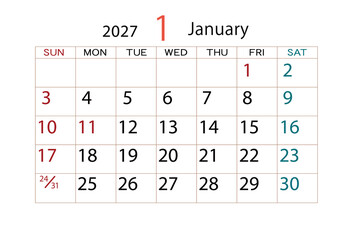 2027年カレンダー1月
