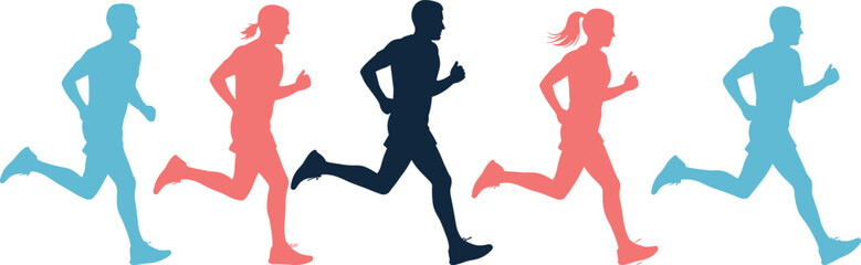 Naklejka premium Group of colorful running people silhouettes men and women jogging marathon race sport background cad drawing flat vector illustration
