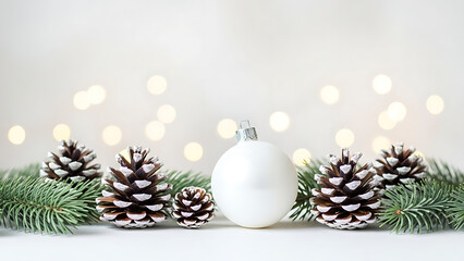 A white Christmas bauble with frosted pinecones and green pine branches, set against a soft background with warm bokeh lights. Perfect for elegant winter, holiday, and Christmas decoration themes.
