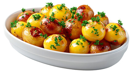 Delicious roasted baby potatoes with fresh herbs in a white bowl