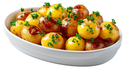 Delicious roasted baby potatoes with fresh herbs in a white bowl