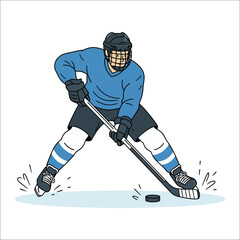 Hockey Player in Blue Uniform Skating and Shooting Puck ice hockey