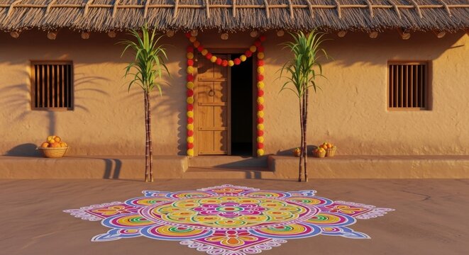 Traditional indian village house with kolam, sugarcanes, and toran for pongal festival.
