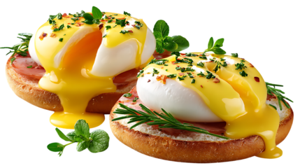Delicious eggs benedict with runny yolks and hollandaise sauce
