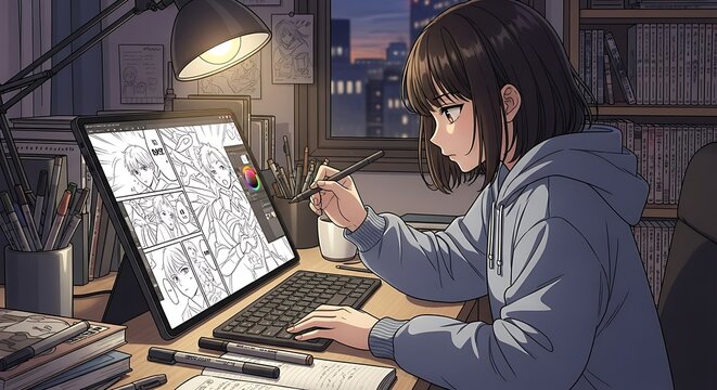 Anime girl drawing a manga comic on a digital tablet at night.