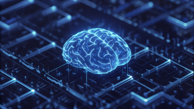Artificial intelligence visualized as a glowing digital brain integrated into a circuit board, symbolizing deep learning, neural processing, and advanced computational intelligence