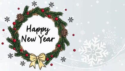 Festive Happy New Year Wreath with Snowflakes and Decorations.