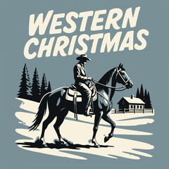 Vintage logo badge of cowboy riding horse pine tree forest landscape winter christmas concept. Old retro editable vector illustration for tshirt design