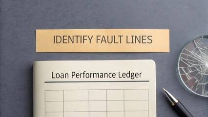 Loan performance ledger and magnifying glass on dark background for fault lines identification in financial analysis