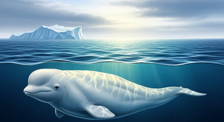 Fototapeta premium Beluga whale swimming underwater near iceberg in serene ocean 
