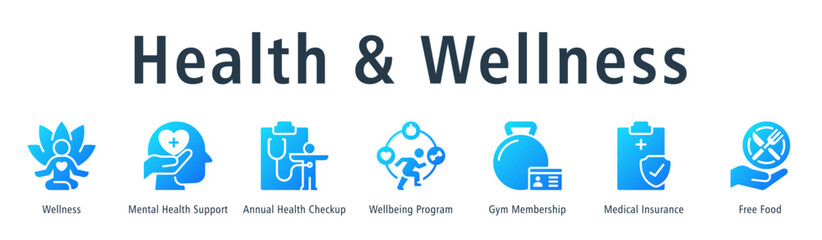Health & Wellness Web Banner Glyph Gradient icon vector illustration concept with icon of wellness, mental health support, annual health checkup, wellbeing program, gym membership, medical insurance