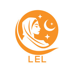 Fototapeta premium LEL Elegant Muslim Woman Logo with Moon and Stars. LEL Islamic Beauty, Modest Fashion & Hijab. LEL Brand Icon. 