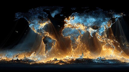 A glowing world map showing global inflation hotspots in a sleek, blue gold data visualization with smooth, flowing graph lines.