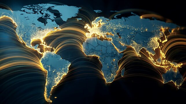 An economic scale is displayed above a world map, with graphs showing the trade balances of each region.