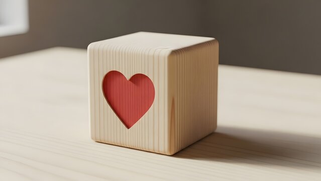 Handcrafted wooden block with red heart cutout symbolizing love and affection
