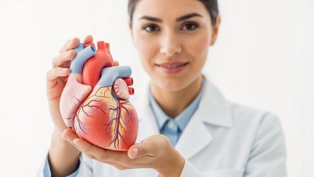 Female doctor holding anatomical heart model. Cardiologist explaining human cardiovascular system for medical education. Healthcare and heart health awareness concept