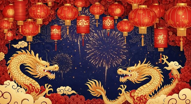 Vibrant chinese new year celebration with golden dragons, red lanterns, and fireworks