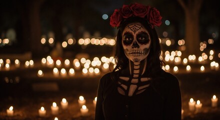 Portrait of woman with La Catrina makeup for Day of Dead. Mexican holiday celebration with sugar skull face paint, red roses, and candles at night
