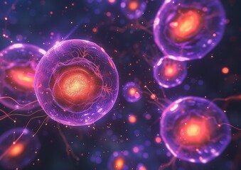 Cells floating, surrounded by energy. Abstract healthcare research background