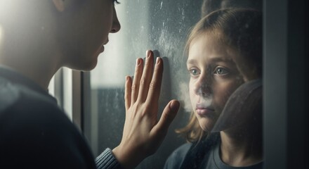 Sad child looks at her mother through glass window. Woman's hand touches barrier, symbolizing separation, distance, and longing. Family isolation concept