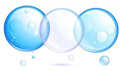 Three blue & clear bubbles float on white. Vector for cleanliness, health or water