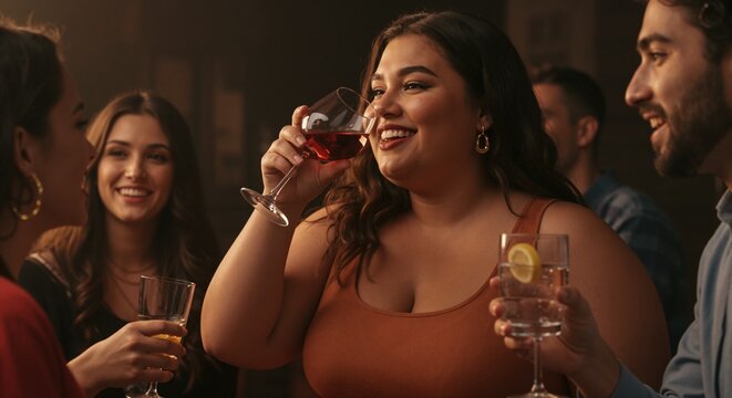Smiling plus-size woman drinking red wine with friends at bar. Group of young adults socializing and enjoying night out. Body positive and inclusive lifestyle concept