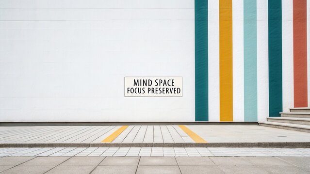 Minimalist wall design with motivational quote about focus and mental space in a modern architectural setting