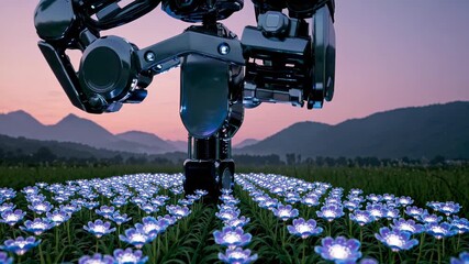 Futuristic robot delicately harvests glowing blue flowers in a field at sunset, showcasing the potential of automation in agriculture and the harmony between technology and nature